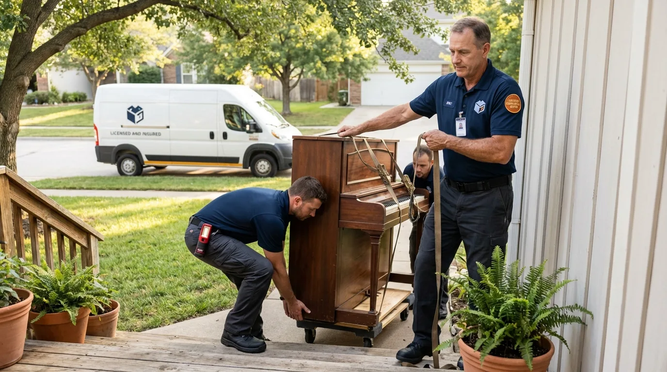 Licensed piano movers securing grand piano in Wittenberg, WI