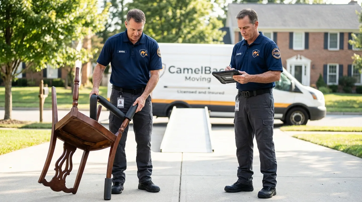 Movers inspecting furniture for damage prevention before loading in Wittenberg, WI