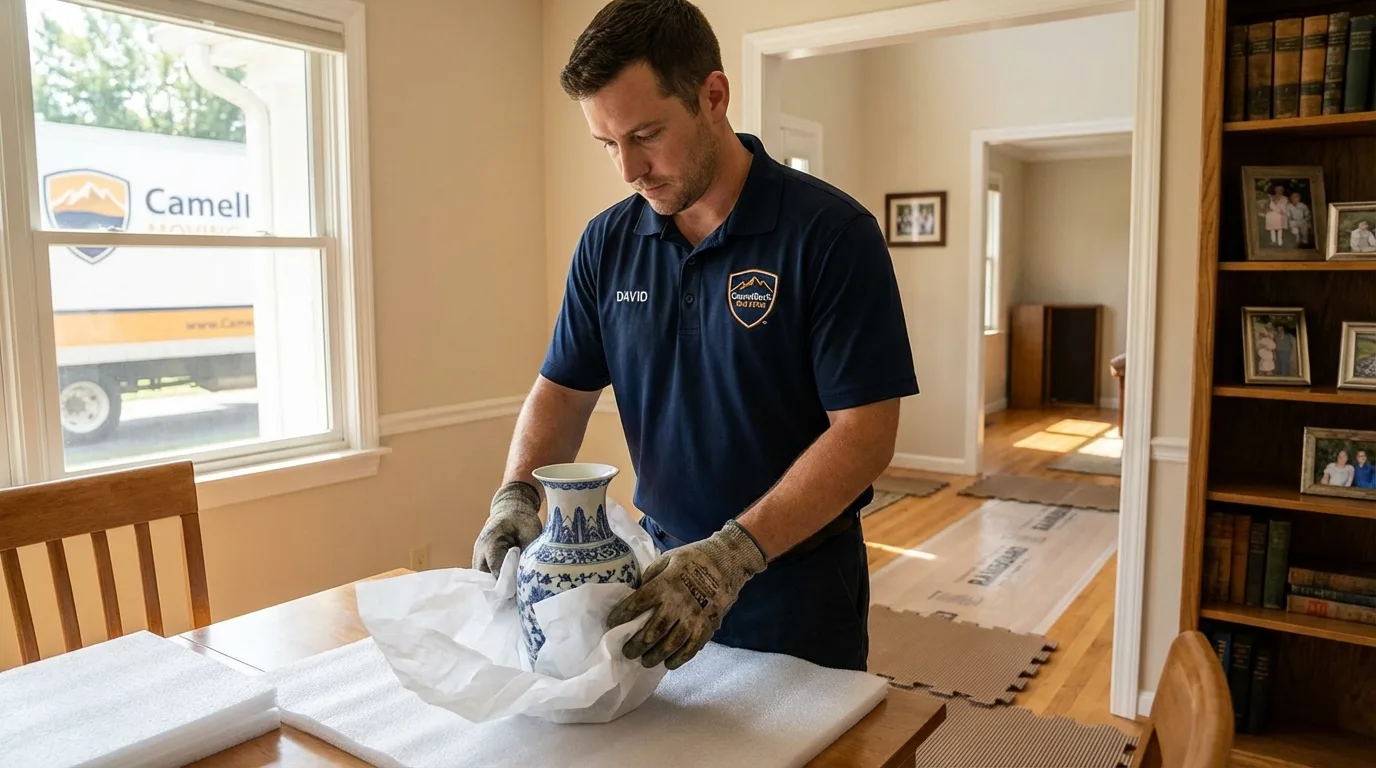 Professional crew carefully wrapping antique vase for senior downsizing move in Wittenberg, WI